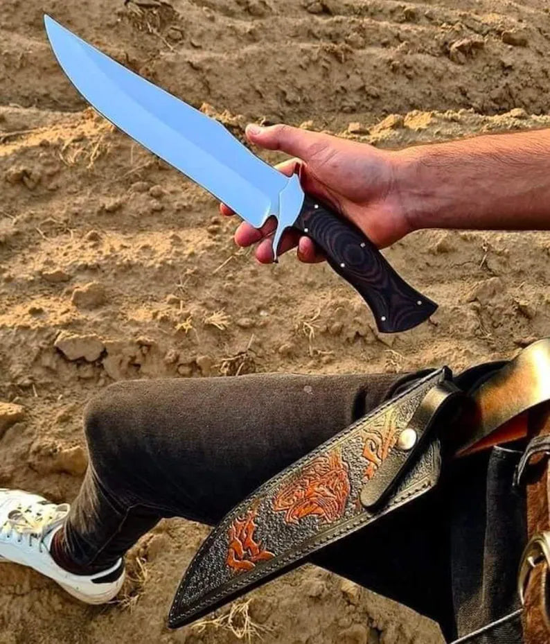 Custom Handmade Damascus Steel Bowie Knife with Leather Handle, Brass Guard, Resin Inlay, and Leather Sheath