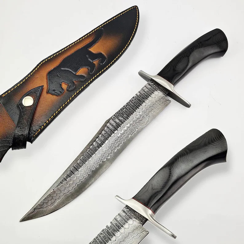 Custom Handmade Damascus Steel Bowie Knife 13" Length with Steel Guard, Marta Sheath, and Leather Sheath