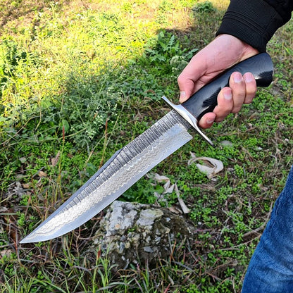 Custom Handmade Damascus Steel Bowie Knife 13" Length with Steel Guard, Marta Sheath, and Leather Sheath