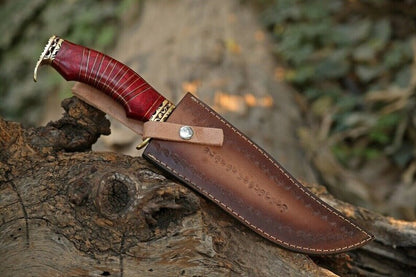 Damascus Steel Hunting Bowie Knife with Brass Guard and Pakkawood Handle in Leather Sheath