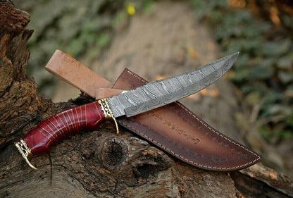 Damascus Steel Hunting Bowie Knife with Brass Guard and Pakkawood Handle in Leather Sheath