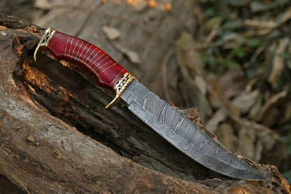 Damascus Steel Hunting Bowie Knife with Brass Guard and Pakkawood Handle in Leather Sheath