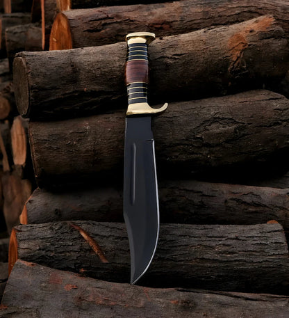 Custom Handmade J2 Steel Crocodile Dundee Bowie Knife with Powder-Coated Finish, Leather Handle, Brass Guard, and Leather Sheath