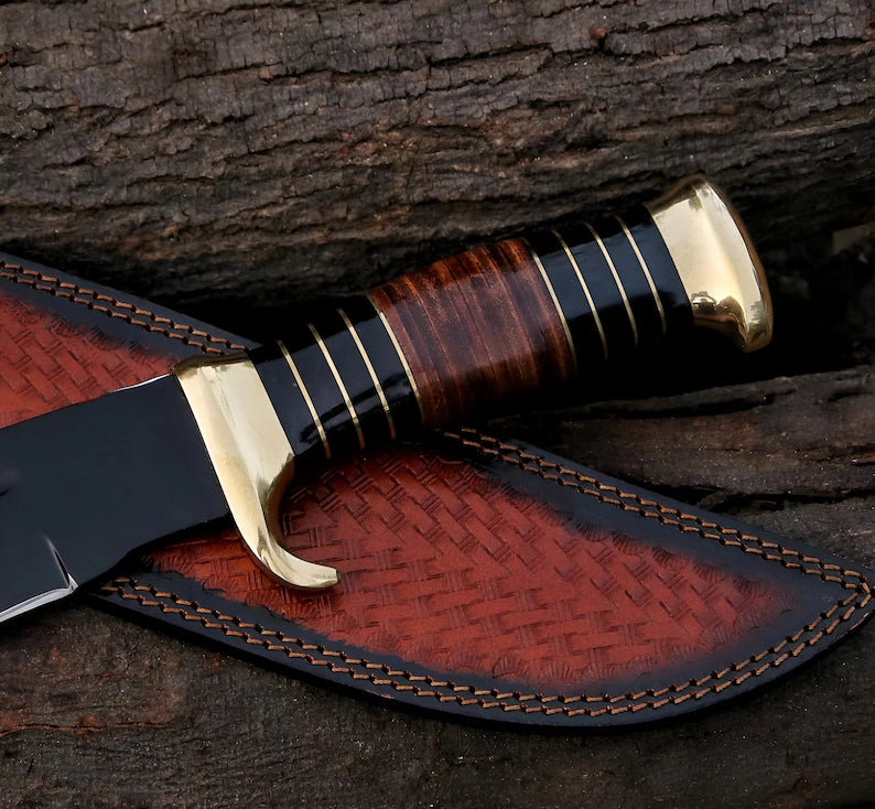 Custom Handmade J2 Steel Crocodile Dundee Bowie Knife with Powder-Coated Finish, Leather Handle, Brass Guard, and Leather Sheath