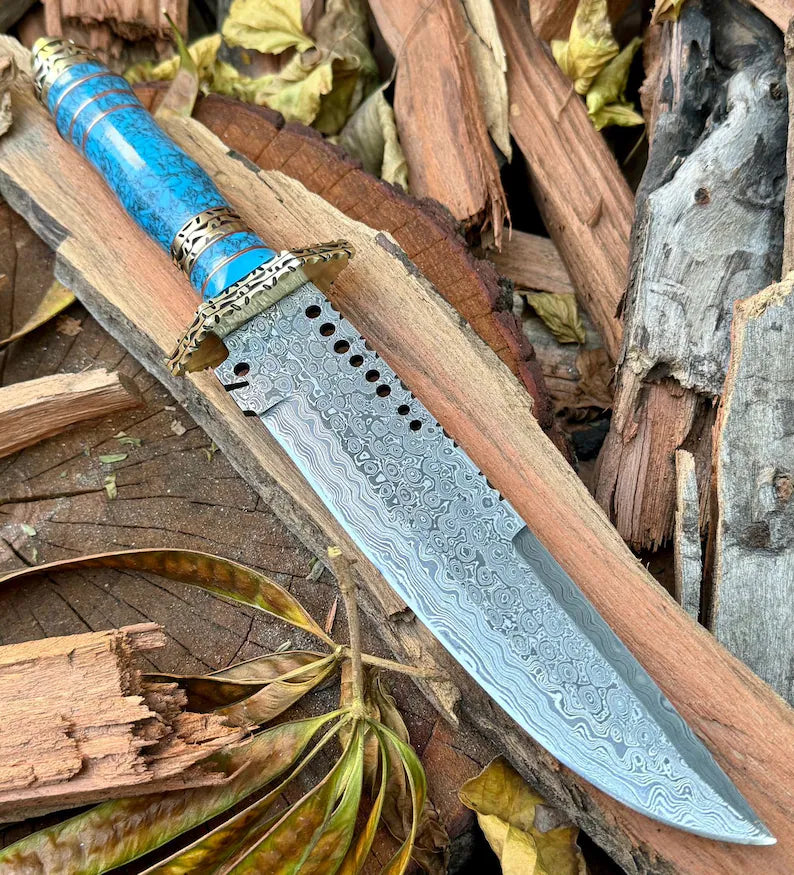 Custom Handmade Damascus Steel Bowie Knife with Leather Handle, Brass Guard, Resin Inlay, and Leather Sheath