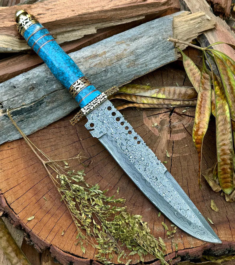 Custom Handmade Damascus Steel Bowie Knife with Leather Handle, Brass Guard, Resin Inlay, and Leather Sheath