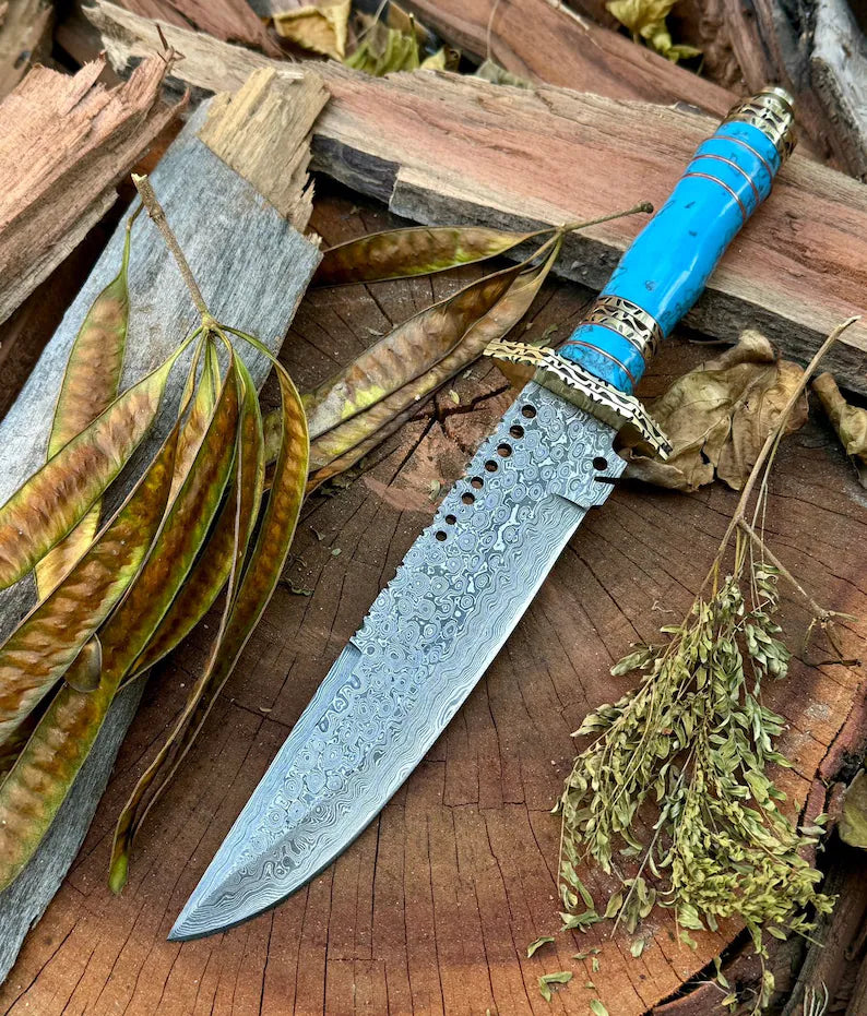 Custom Handmade Damascus Steel Bowie Knife with Leather Handle, Brass Guard, Resin Inlay, and Leather Sheath