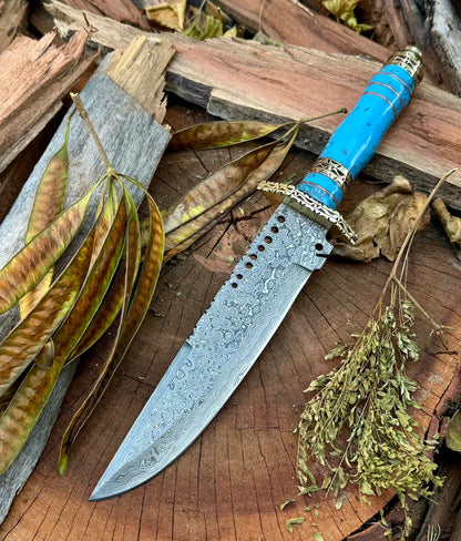 Custom Handmade Damascus Steel Bowie Knife with Leather Handle, Brass Guard, Resin Inlay, and Leather Sheath