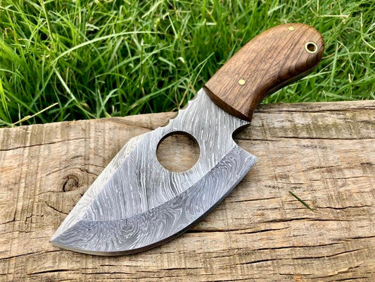 Custom Handmade Damascus Steel Finger Hole Skinning Knife