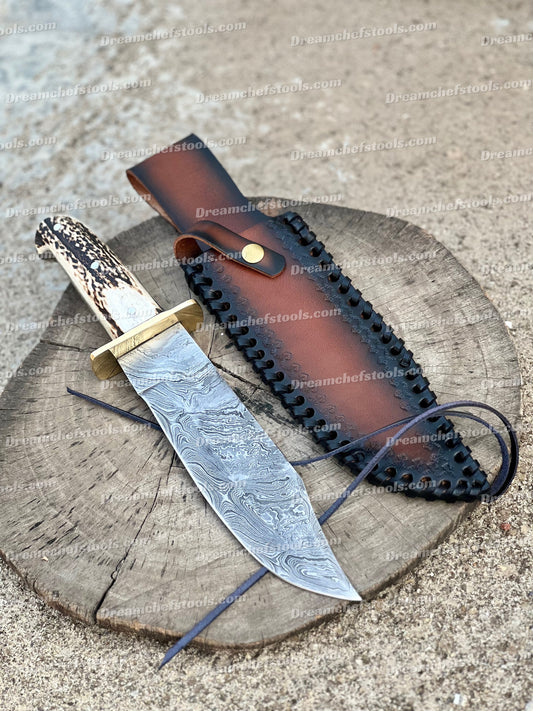 Custom handmade Damascus steel hunting Bowie knife