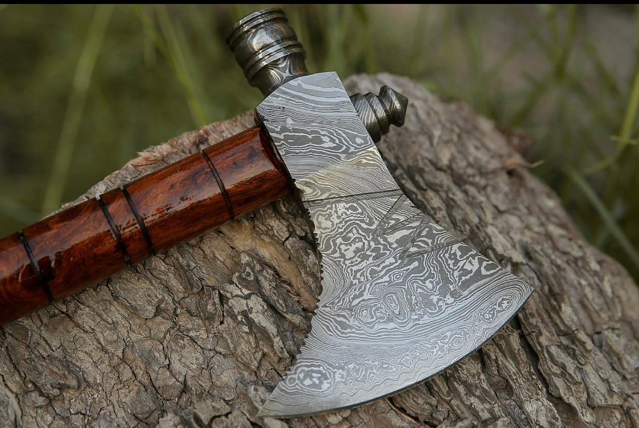 Damascus Hunting axe rose wood handle with leather sheath,