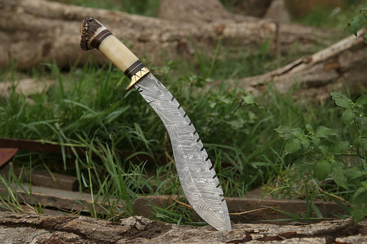 Handmade Damascus Kukri Knife with Stag Horn and Bone Handle