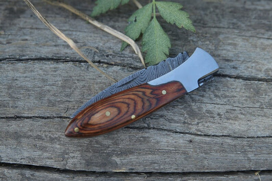 Handmade Damascus Pocket Knife With Brown Pakka Wood Handle Birthday Gift Folding Knife