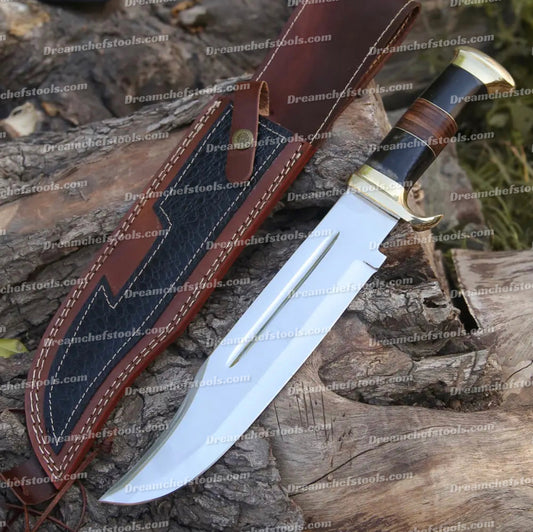 Custom Handmade 440C Steel Crocodile Dundee Bowie Knife with Brass Guard, Buffalo Horn Handle, and Leather Sheath