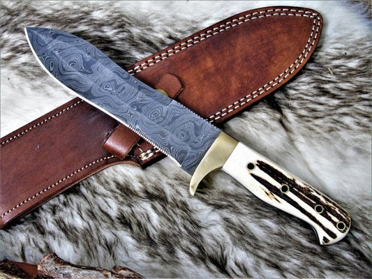 CUSTOM HANDMADE DAMASCUS STEEL STAG HORN HUNTING KNIFE WITH LEATHER SHEATH