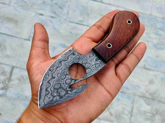 Custom Handmade Damascus Steel Gut Hook Skinning Knife