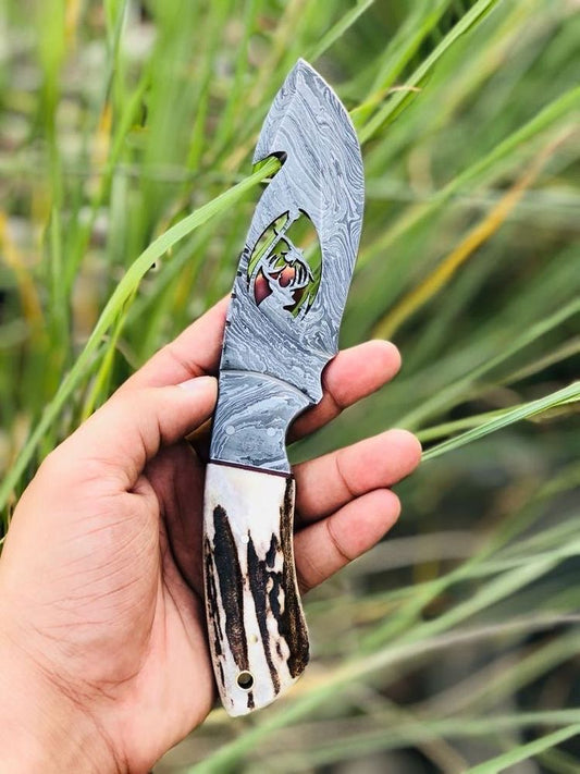 Custom handmade Damascus steel Guthook skinning knife