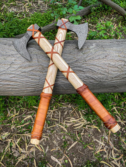 Damascus Viking Axe Pair With Ashwood Handle, Leather Wrap And Leather Sheath