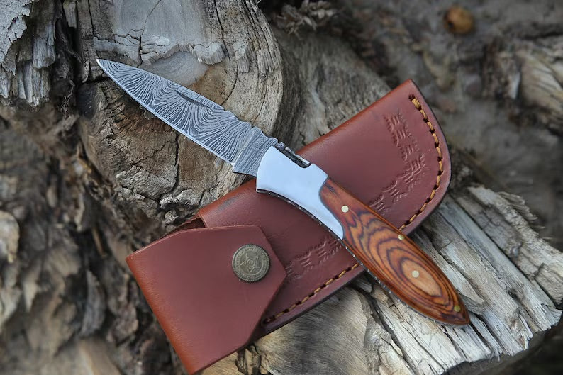 Handmade Damascus Pocket Knife With Brown Pakka Wood Handle Birthday Gift Folding Knife