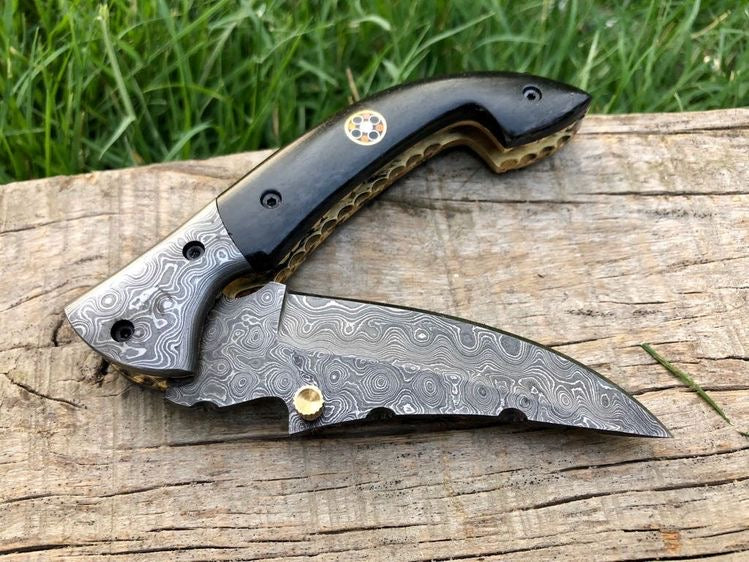 Custom Handmade Raindrop Damascus Blade EDC Folding Pocket Knife