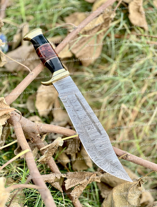 Handmade Damascus Steel Crocodile Dundee Bowie Knife with Premium Brass Guard, Buffalo Horn Handle, and Leather Sheath