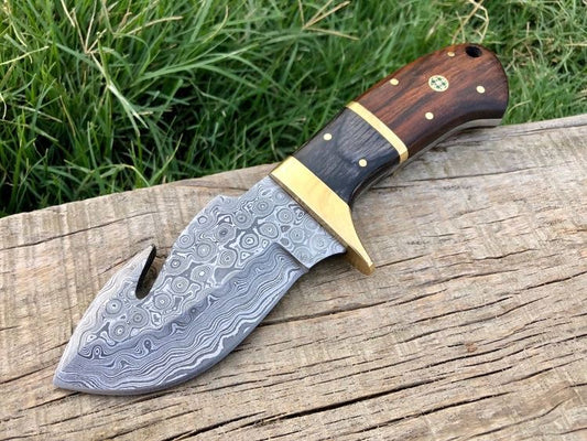 Full Tang Custom Handmade Raindrop Damascus Steel Guthook Skinning Knife