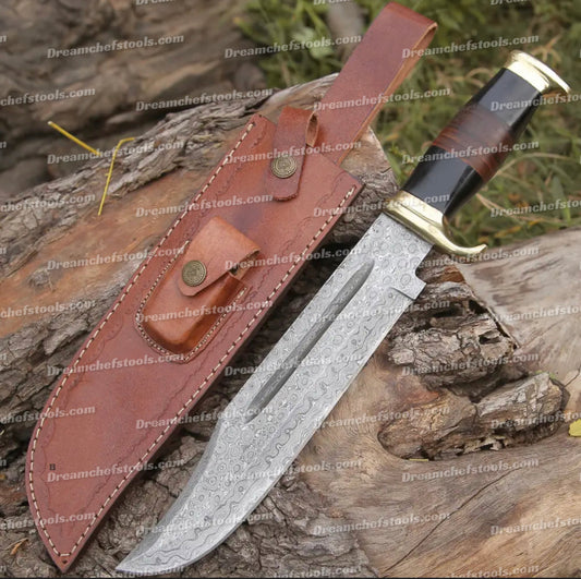 Custom Handmade Damascus Steel Crocodile Dundee Bowie Knife with Brass Guard, Buffalo Horn Handle, and Leather Sheath