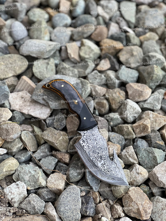 Custom handmade Damascus steel Guthook skinning knife