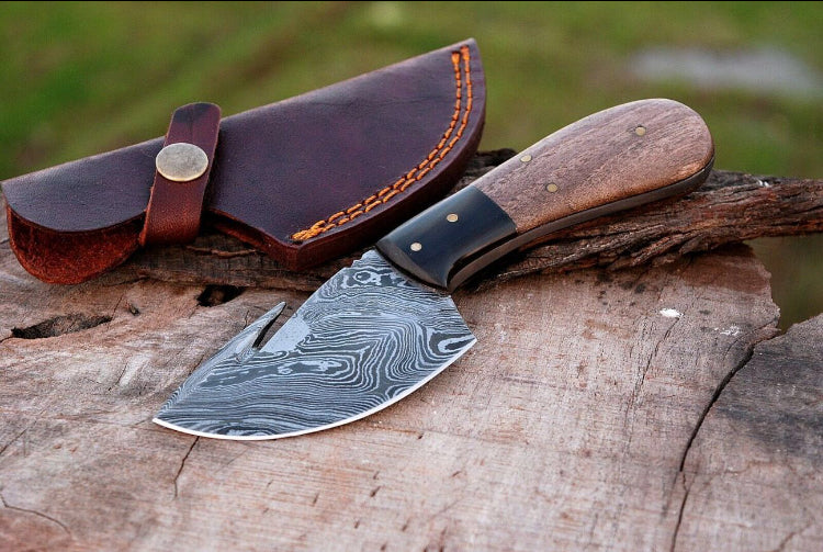 Custom handmade Damascus steel Guthook skinning knife