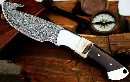 Custom handmade Damascus steel guthook skinning knife