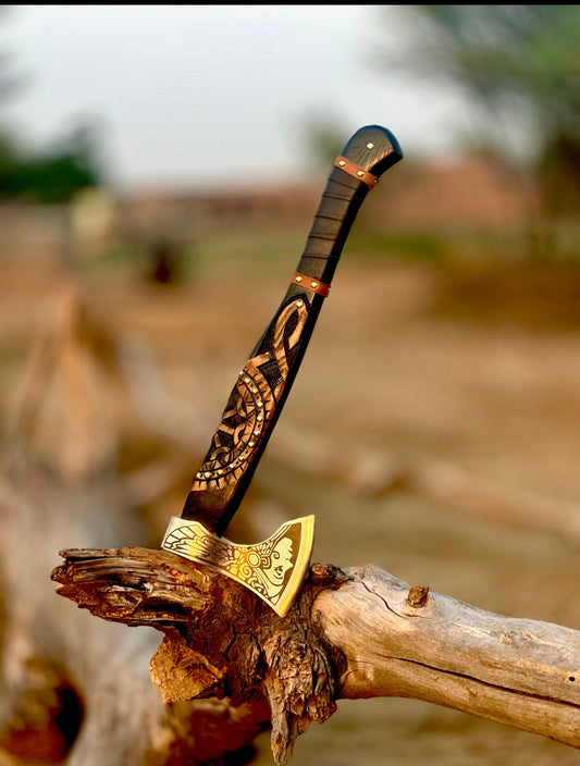 Forged steel axe with engraving, medieval Viking tomahawk,