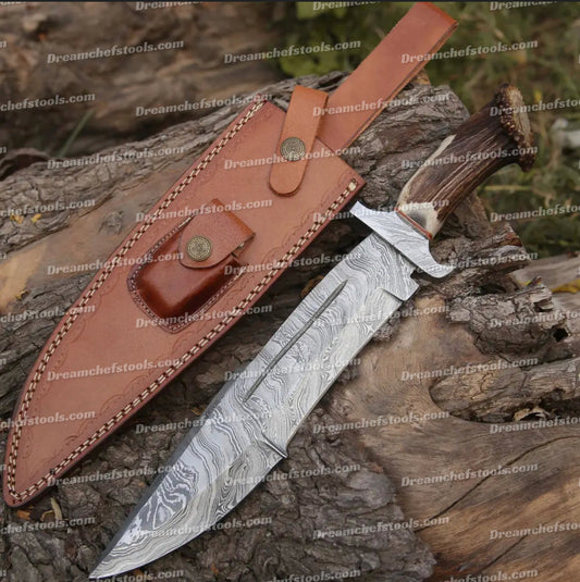 Handmade Forged Damascus Steel Hunting Bowie Rambo Knife With Deer Stag Antler Handle