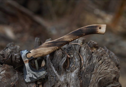 Custom Handmade Engraved Viking Axe with D2 Steel Blades and Ash Wood Handle, Includes Leather Sheath”