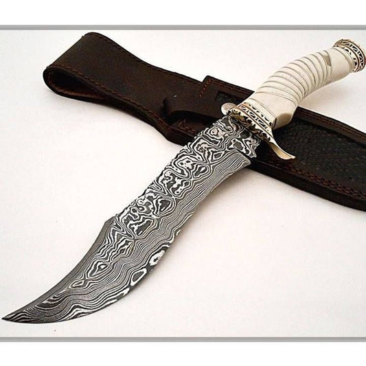 Elevate your outdoor adventures with the Custom Handmade Damascus Hunting Bowie Knife, a symbol of exceptional craftsmanship and enduring quality. This custom-made knife merges the beauty of Damascus steel with the rugged functionality needed for hunting, making it an essential tool for enthusiasts and collectors alike.  Features:  Premium Damascus Steel Blade: Handcrafted from high-grade Damascus steel, the blade features a distinctive, flowing pattern that combines both strength and aesthetic beauty. Know