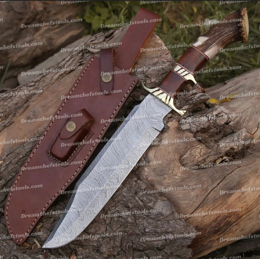 HANDMADE FORGED DAMASCUS Steel Hunting Bowie Rambo Knife Deer Stag Crown Handle