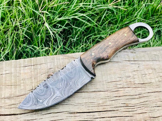 Custom Handmade Finger Hole Damascus Steel Skinning Camping Knife