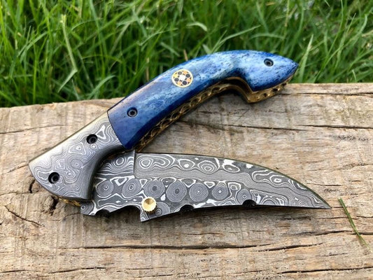 Custom Handmade Raindrop Damascus Blade EDC Folding Pocket Knife