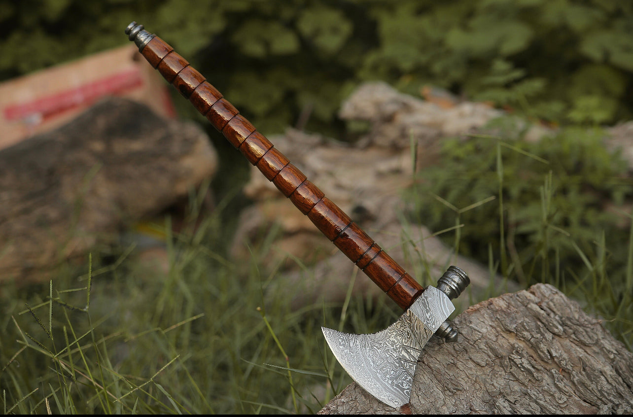 Damascus Hunting axe rose wood handle with leather sheath,