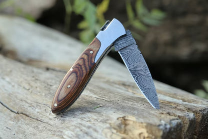 Handmade Damascus Pocket Knife With Brown Pakka Wood Handle Birthday Gift Folding Knife