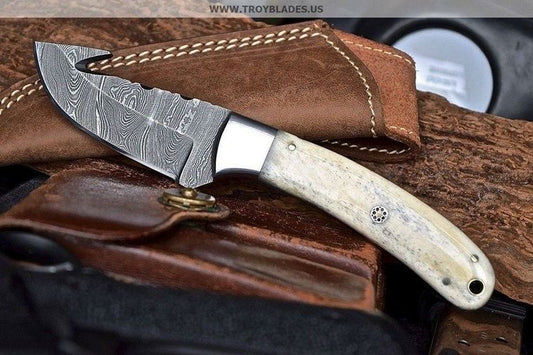 Custom handmade Damascus steel Guthook skinning knife