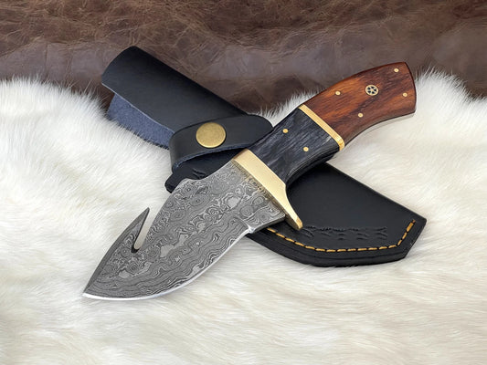 Damascus Steel Full Tang Knife, Gut Hook,