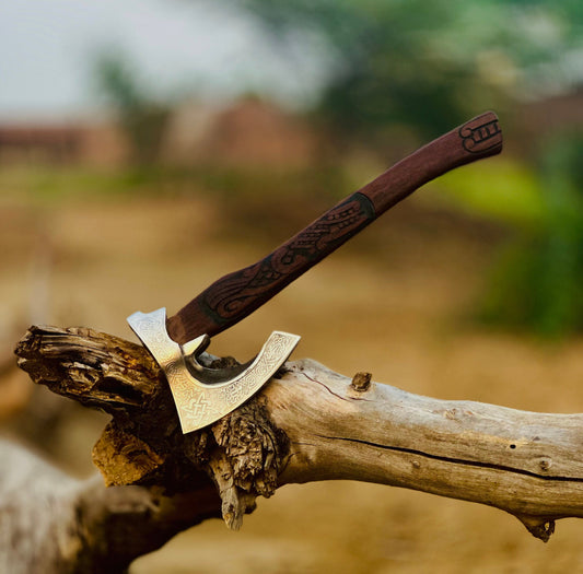 Custom Handmade Engraved Viking Axe with D2 Steel Blades and Rose Wood Handle, Includes Leather Sheath”