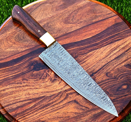 Custom Handmade 13" Damascus Steel Chef Knife with Brass Bolster and Rosewood Handle | Includes Leather Sheath