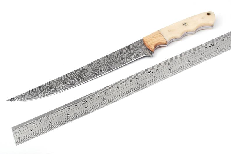 13-Inch Damascus Fillet Knife with Ergonomic Olive Wood and Bone Handle