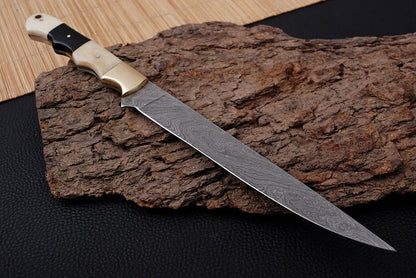 Close-up of the Buffalo Horn and Bone Handle with Brass Accents on the 13-Inch Damascus Fillet Knife