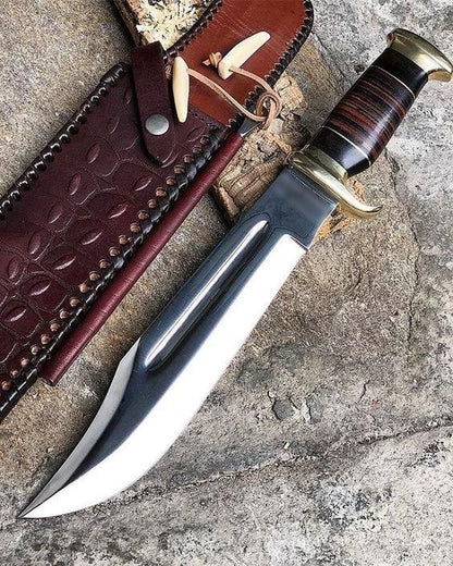 Custom 16-inch Crocodile Dundee Bowie knife with a 440C steel blade, leather and buffalo horn handle, elegant brass guard, and a classic leather sheath.