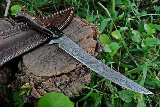 Custom Handmade Damascus Fishing Fillet Knife with 13" Blade, Wenge Wood and Micarta Handle, and Leather Sheath