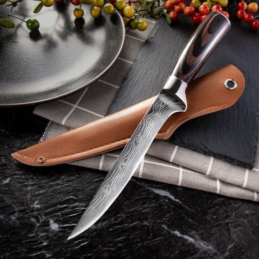 Custom Handmade Damascus Steel Fillet Knife with Exotic Wood Handle, Steel Bolster, and Leather Sheath - 10.5 Inch Flexible Fishing Fillet Knife