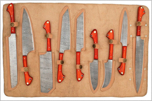 Custom Handmade Damascus kitchen knife set with exotic wood handles and twisted pattern blades, perfect for gourmet cooking