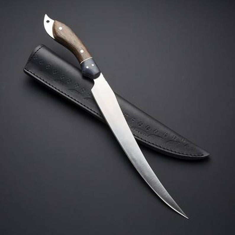 Custom handmade stainless steel fishing fillet knife with a 13-inch sharp-edge blade, rosewood and buffalo horn handle, and leather sheath